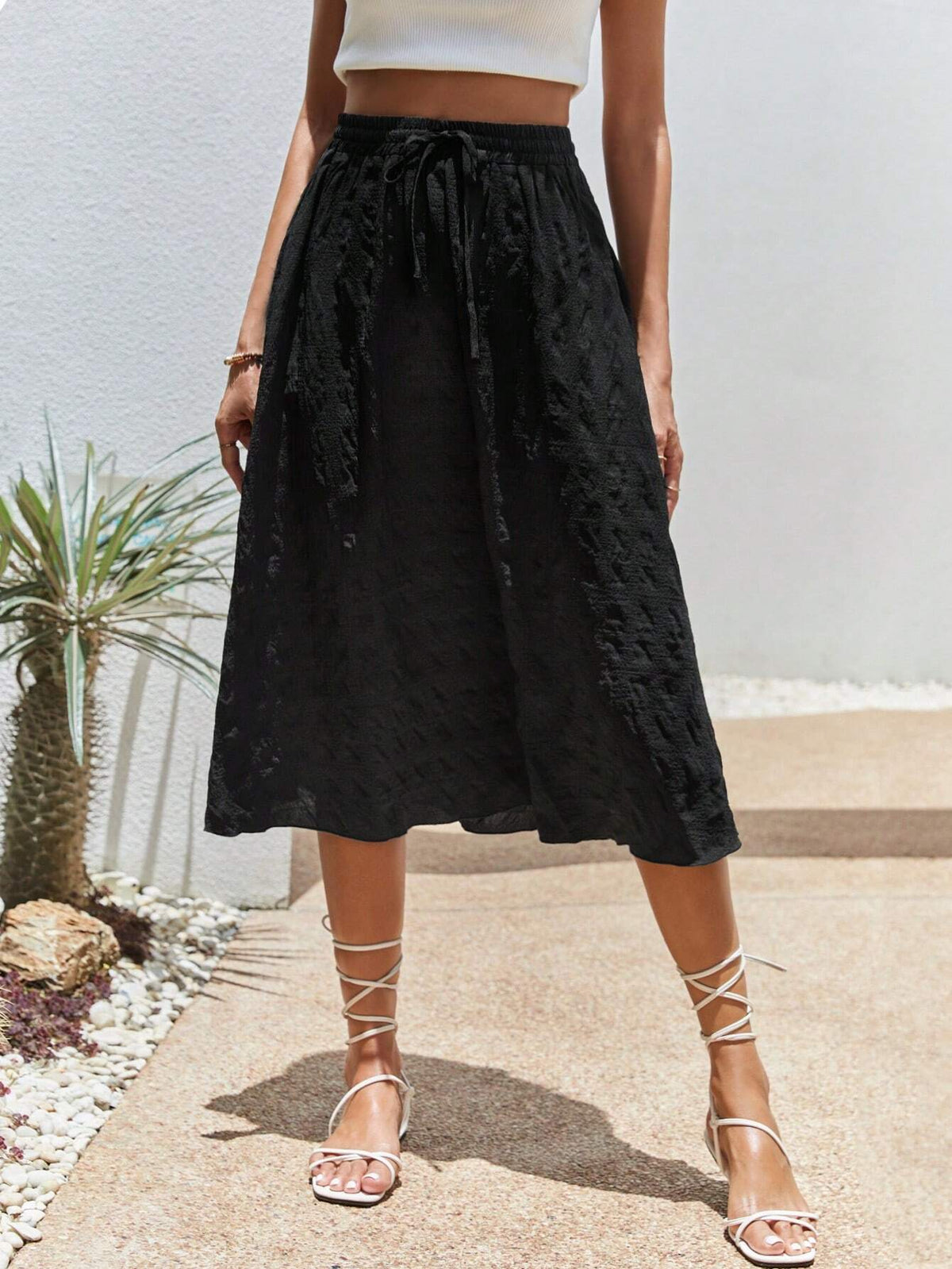 VCAY Solid Drawstring Waist A-line Skirt