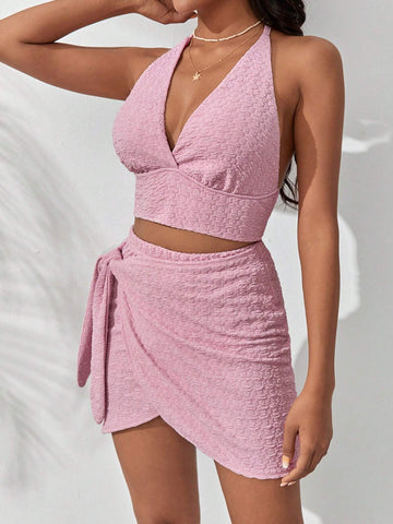 Solid Crop Halter Top & Knot Side Skirt