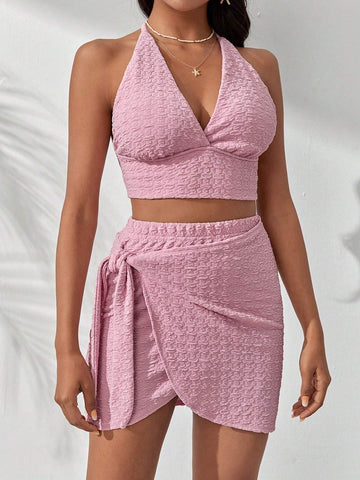 Solid Crop Halter Top & Knot Side Skirt