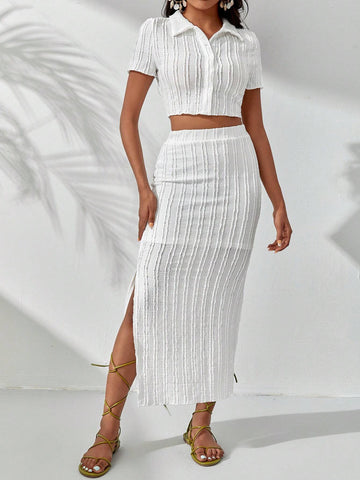 Solid Button Front Crop Top & Split Thigh Skirt