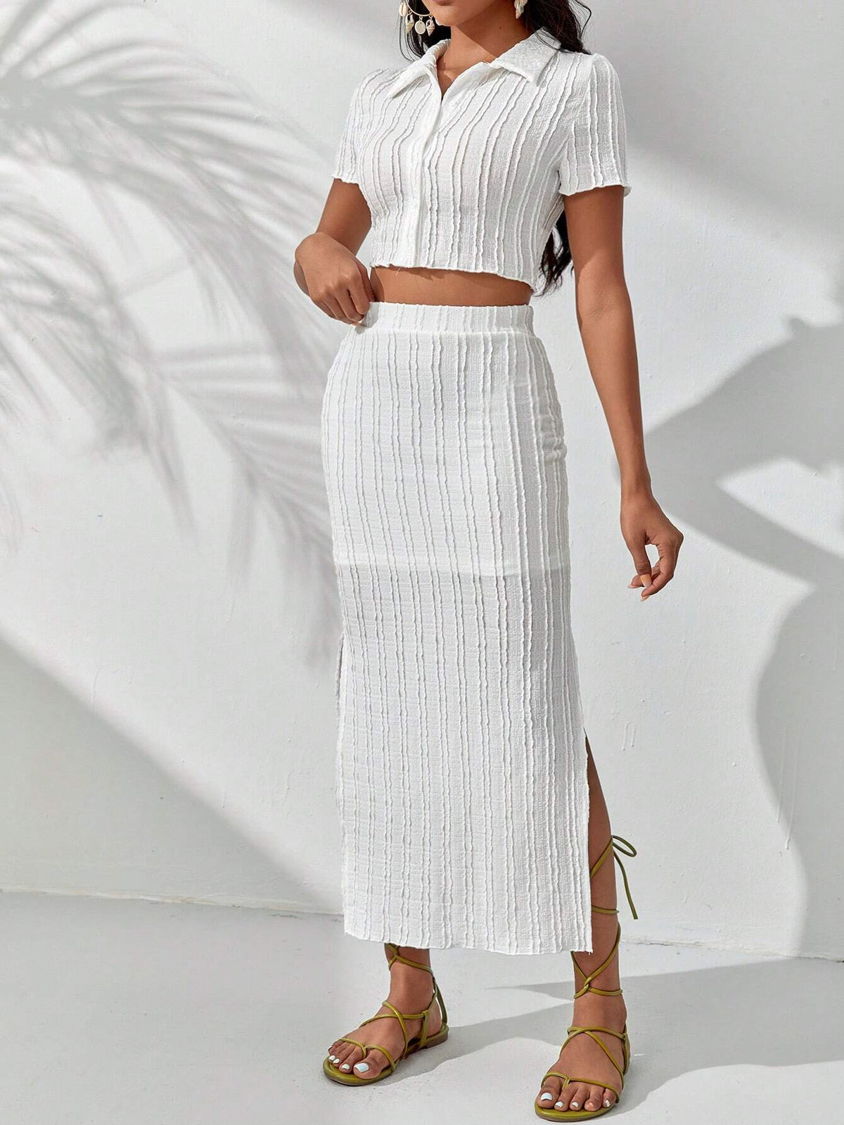 Solid Button Front Crop Top & Split Thigh Skirt