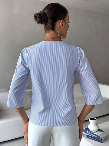 Striped Print Roll Tab Sleeve Blouse