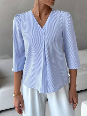 Striped Print Roll Tab Sleeve Blouse