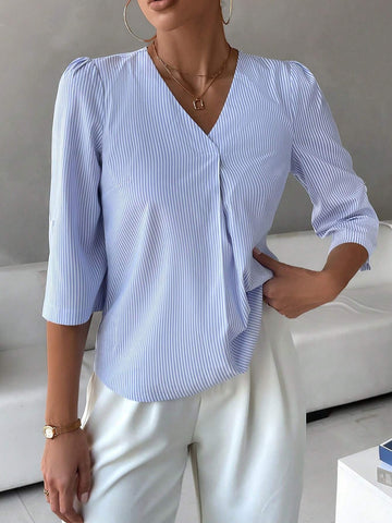 Striped Print Roll Tab Sleeve Blouse