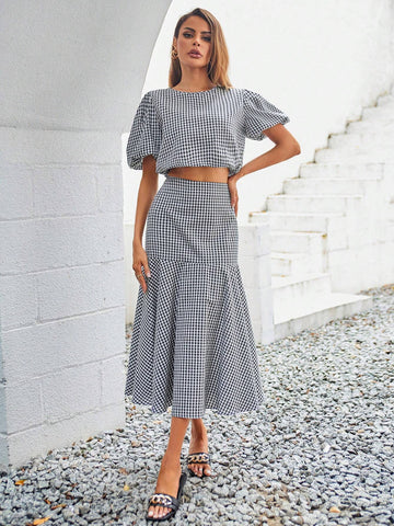 Gingham Print Puff Sleeve Crop Blouse & Mermaid Hem Skirt