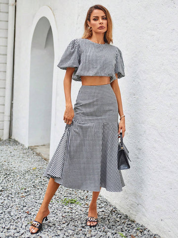 Gingham Print Puff Sleeve Crop Blouse & Mermaid Hem Skirt