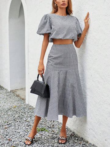 Gingham Print Puff Sleeve Crop Blouse & Mermaid Hem Skirt