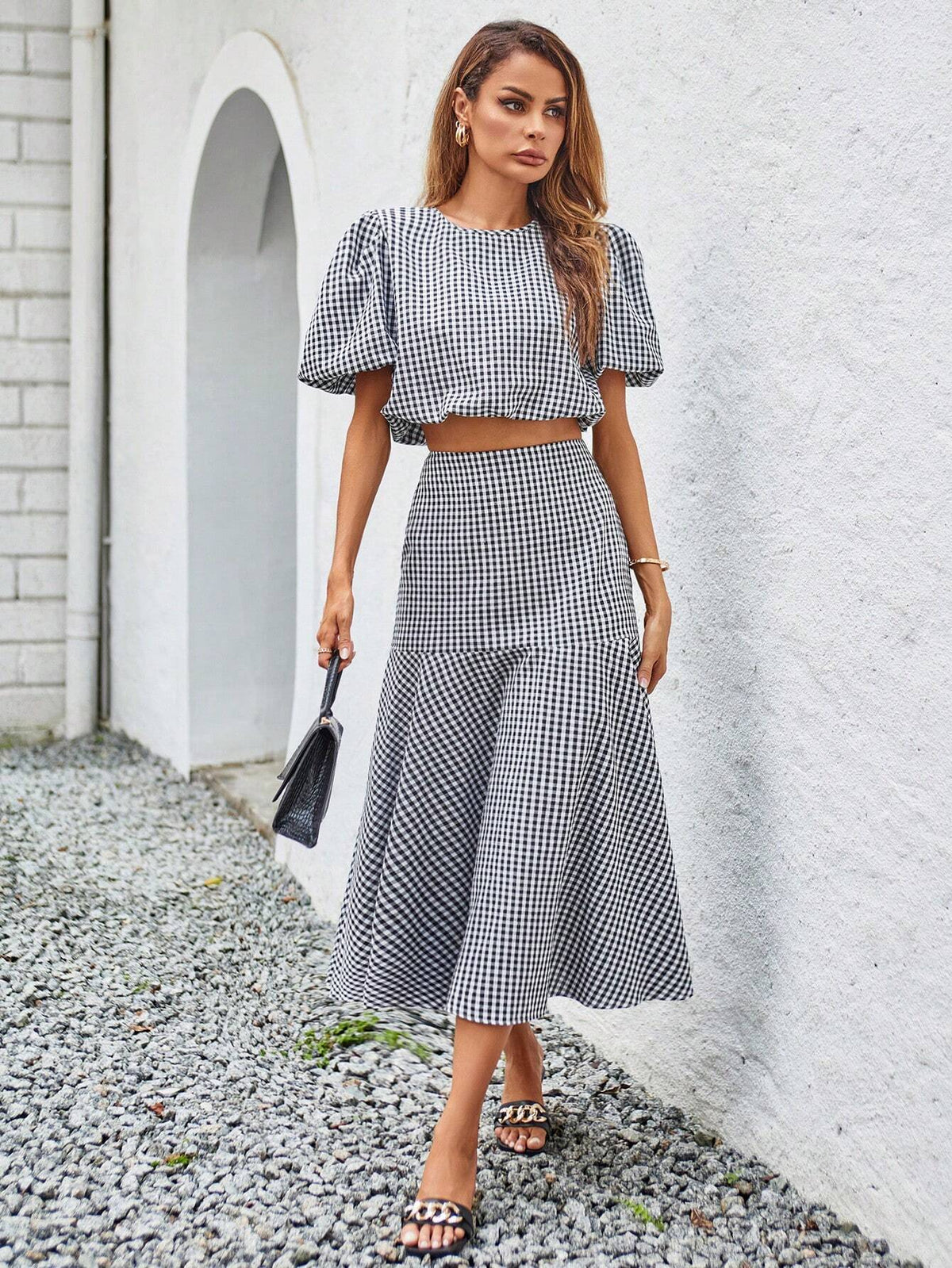 Gingham Print Puff Sleeve Crop Blouse & Mermaid Hem Skirt