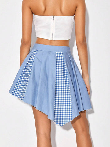 Gingham Print Asymmetrical Hem Skirt