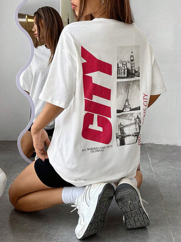 Building & Slogan Graphic Drop Shoulder Tee