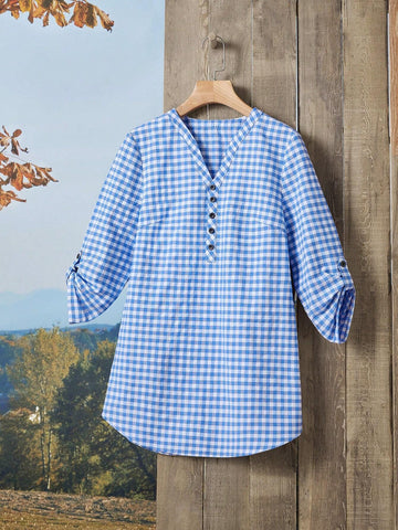 Gingham Print Roll Tab Sleeve Half Button Blouse