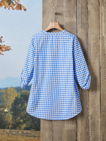 Gingham Print Roll Tab Sleeve Half Button Blouse