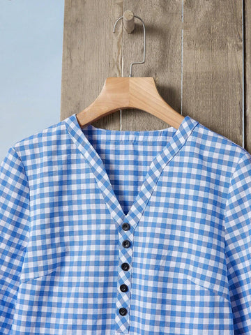 Gingham Print Roll Tab Sleeve Half Button Blouse