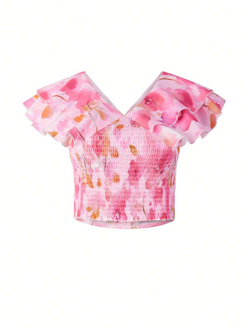 Floral Print Ruffle Trim Crop Blouse