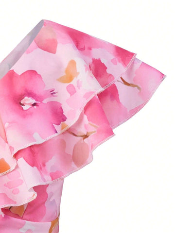 Floral Print Ruffle Trim Crop Blouse