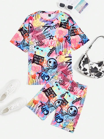 Cartoon Graphic Drop Shoulder Tee & Shorts