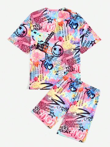 Cartoon Graphic Drop Shoulder Tee & Shorts