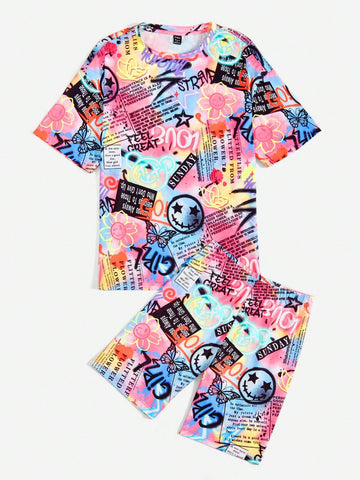 Cartoon Graphic Drop Shoulder Tee & Shorts