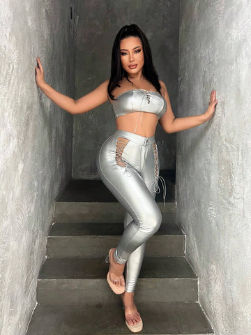 Metallic Crop Tube Top & Lace Up Front Leggings