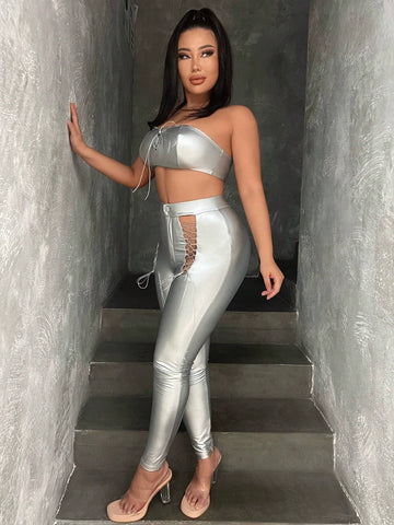 Metallic Crop Tube Top & Lace Up Front Leggings