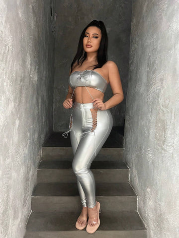 Metallic Crop Tube Top & Lace Up Front Leggings
