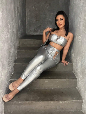 Metallic Crop Tube Top & Lace Up Front Leggings