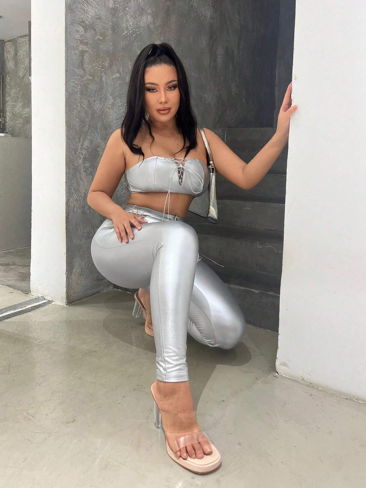 Metallic Crop Tube Top & Lace Up Front Leggings