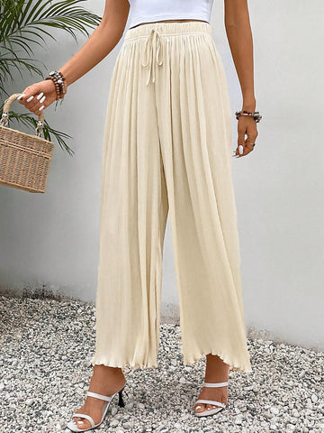 Frenchy Solid Knot Waist Pleated Wide Leg Pants