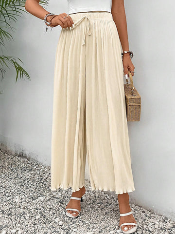 Frenchy Solid Knot Waist Pleated Wide Leg Pants