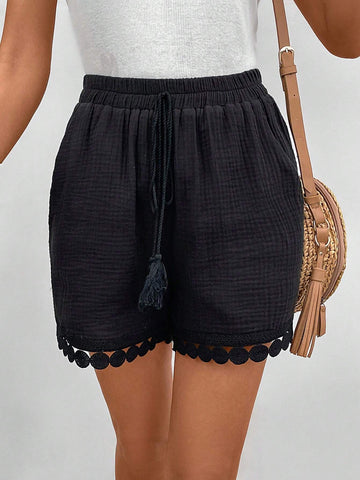 Frenchy Guipure Lace Trim Tassel Tie Waist Shorts