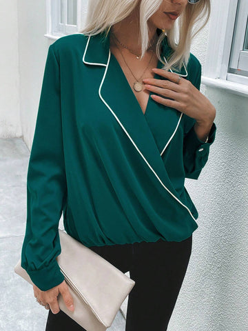Contrast Binding Surplice Neck Blouse