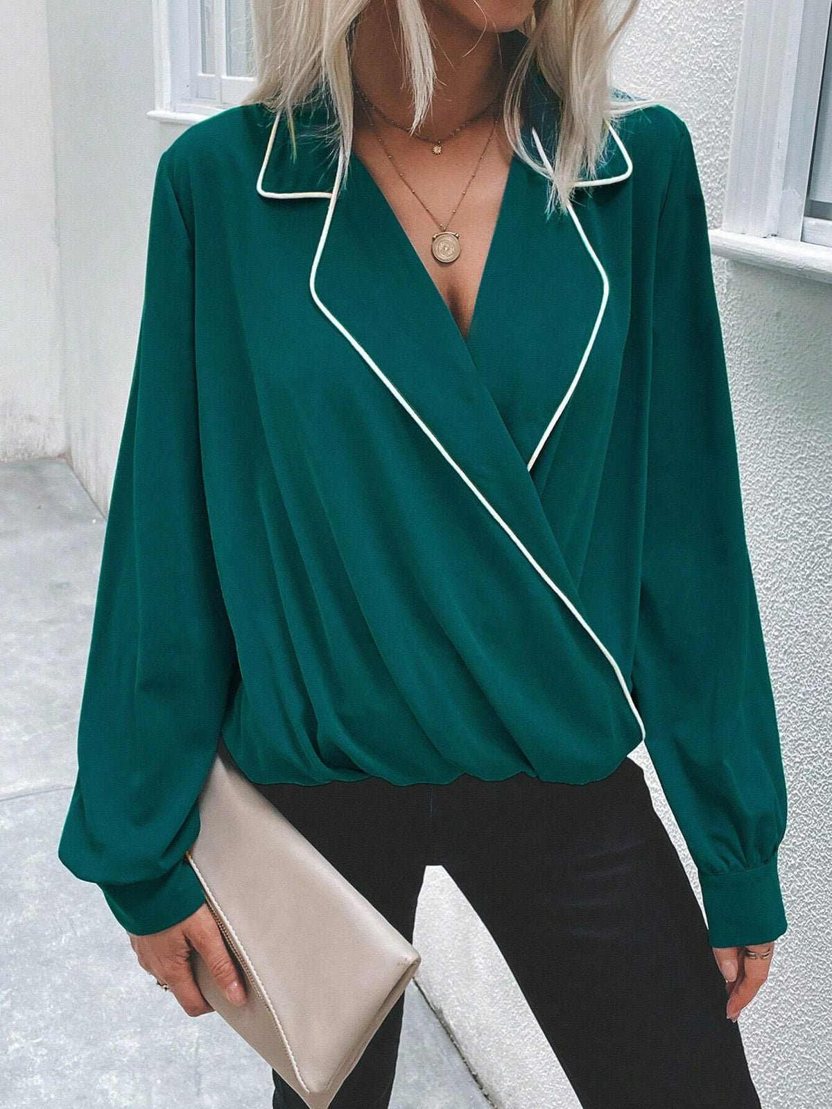 Contrast Binding Surplice Neck Blouse