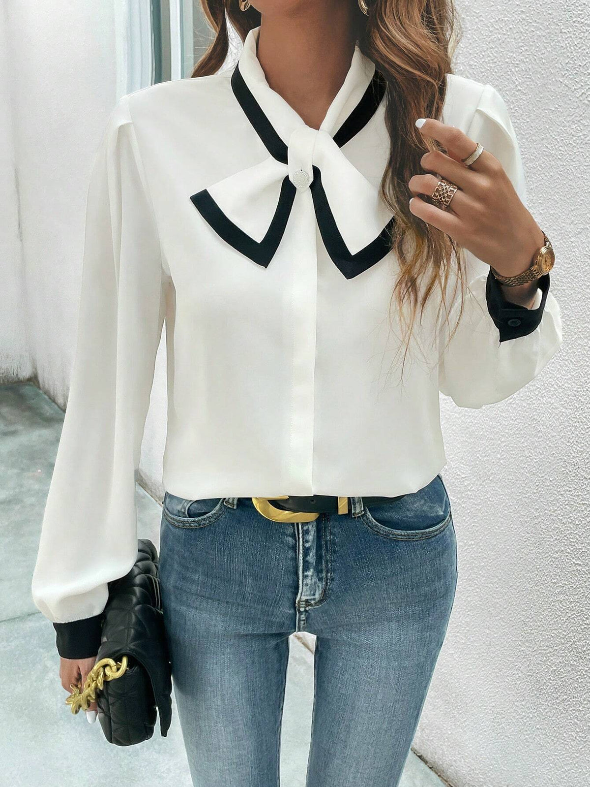 Contrast Binding Tie Neck Lantern Sleeve Blouse