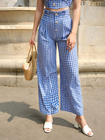 Frenchy Gingham Print Paperbag Waist Button Front Pants