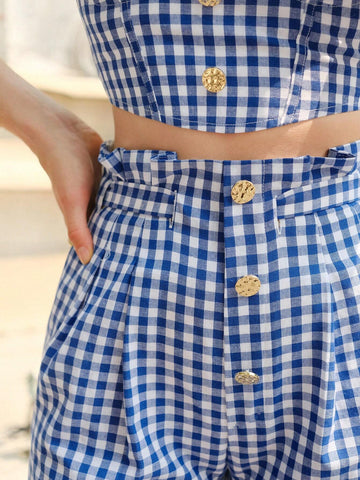 Frenchy Gingham Print Paperbag Waist Button Front Pants