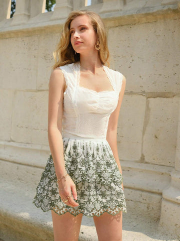 Frenchy Floral Embroidery Scallop Trim Skirt