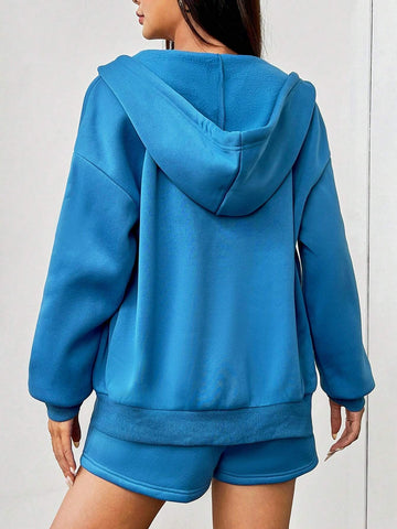 Drop Shoulder Drawstring Hoodie & Shorts