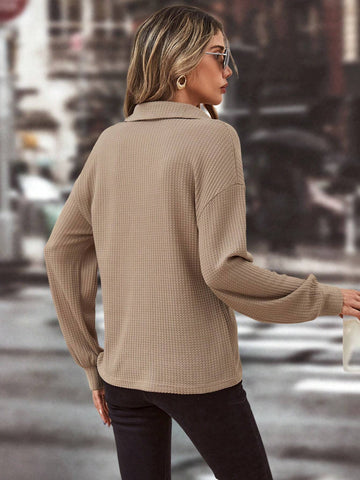 Half Button Drop Shoulder Pocket Patched Waffle Knit Tee