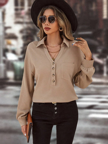 Half Button Drop Shoulder Pocket Patched Waffle Knit Tee