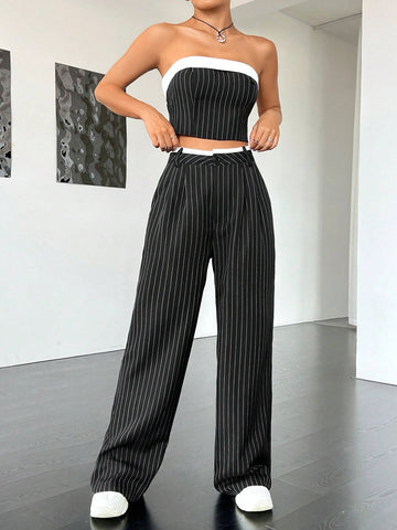 Striped Print Tube Top & Wide Leg Pants