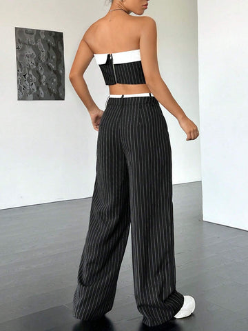 Striped Print Tube Top & Wide Leg Pants