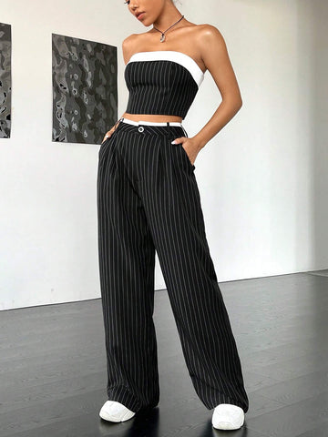 Striped Print Tube Top & Wide Leg Pants