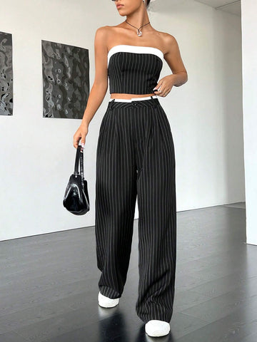 Striped Print Tube Top & Wide Leg Pants