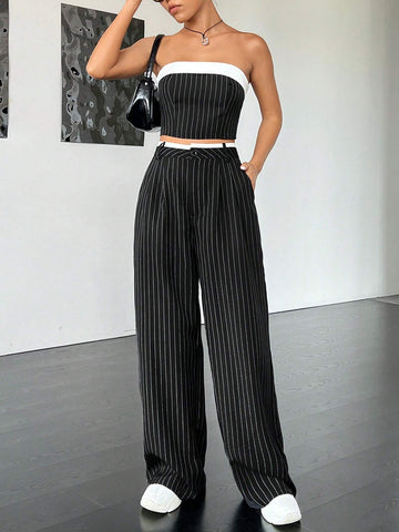 Striped Print Tube Top & Wide Leg Pants