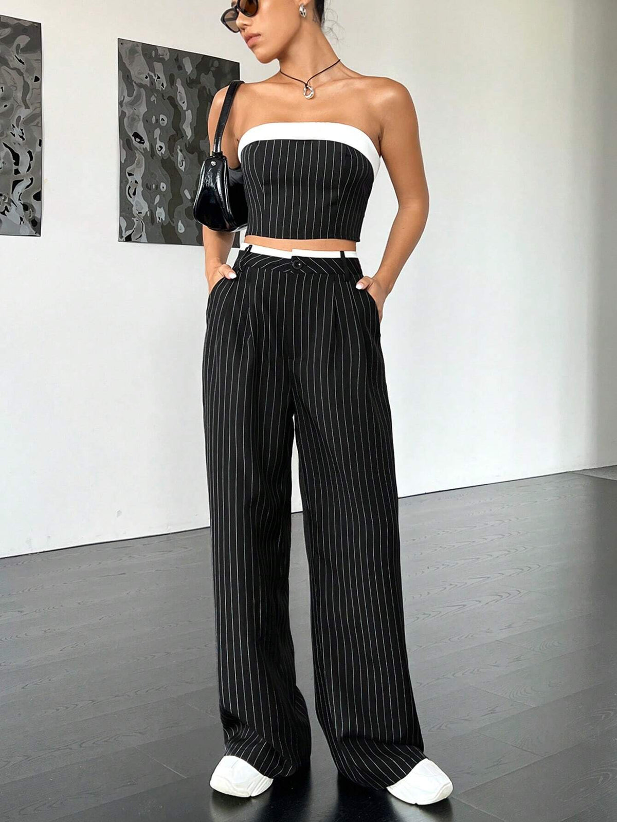 Striped Print Tube Top & Wide Leg Pants