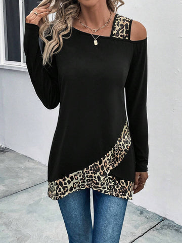 Leopard Print Asymmetrical Neck Tee