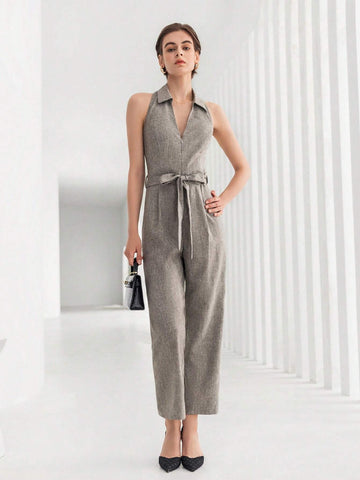 Solid Belted Halter Jumpsuit