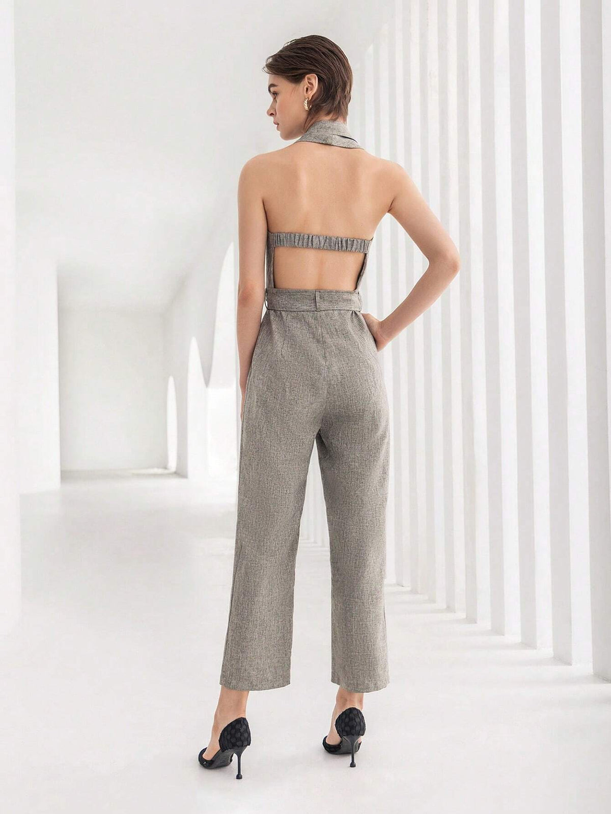 Solid Belted Halter Jumpsuit