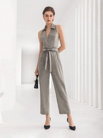 Solid Belted Halter Jumpsuit