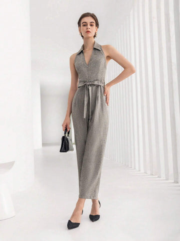 Solid Belted Halter Jumpsuit